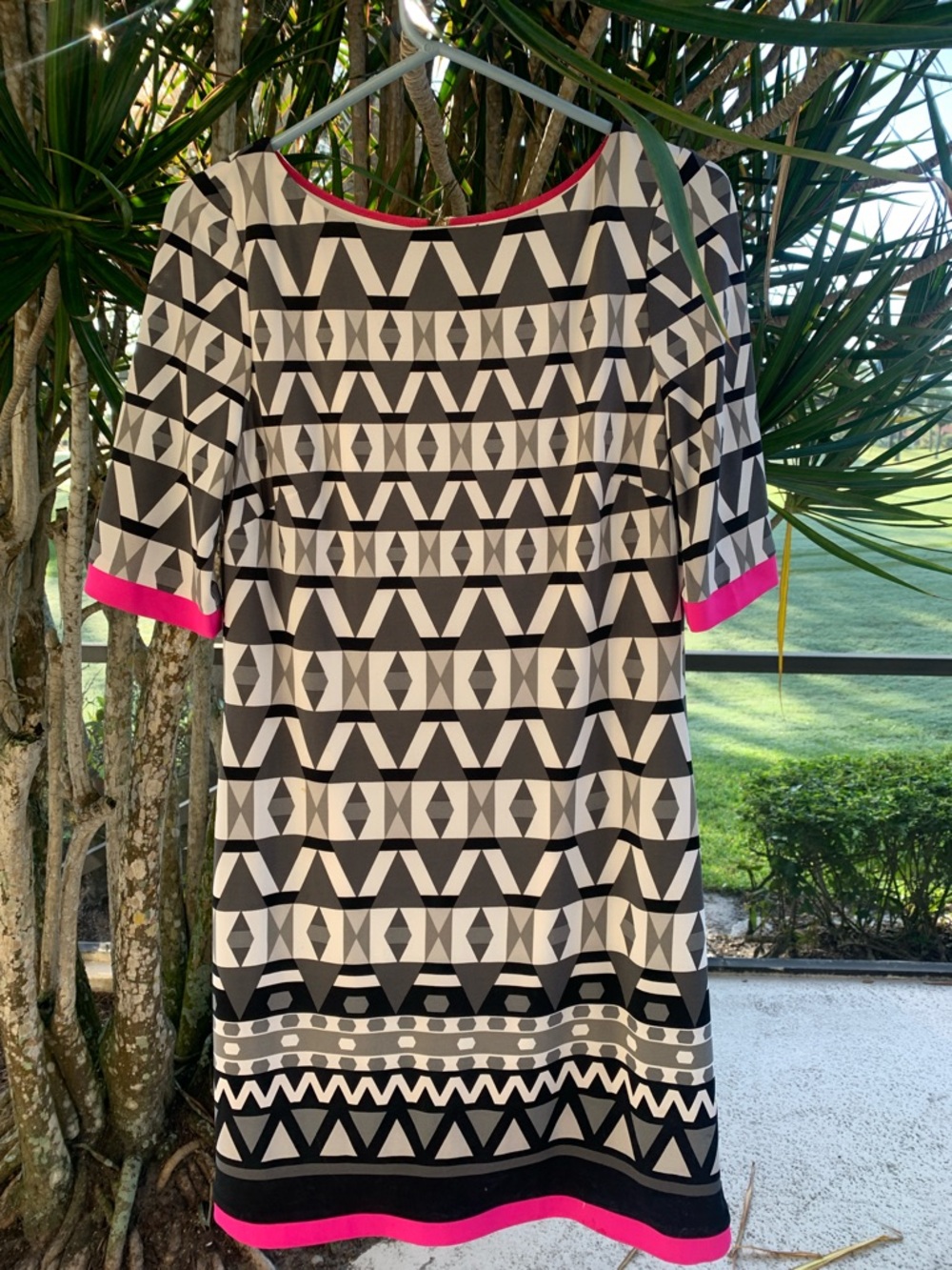 Geometric Black & White Shift Dress with Pink Trim, Eliza J, 6